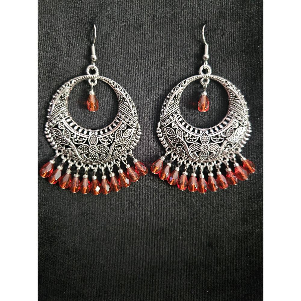 Antique silver filigree and rufous glass crystal chandelier earrings
